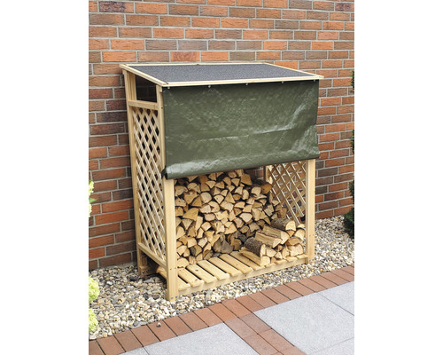 Kaminholzunterstand promadino Speyer inkl. Wetterschutz 119,5 x 68 x 148 cm natur Holzlagerregal aus Holz mit Abdeckung vor einer Ziegelwand