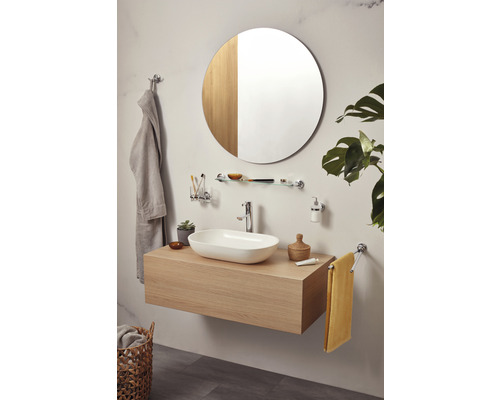 Modernes Badezimmer mit Waschtischunterschrank, Aufsatzwaschbecken und rundem Spiegel