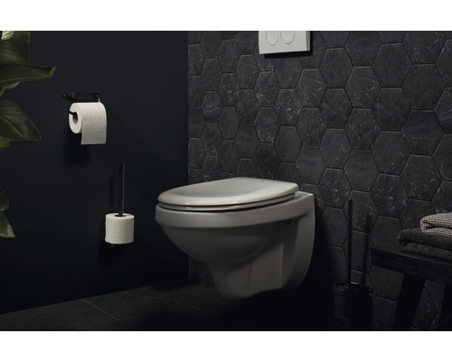 Badezimmer mit Wand-Tiefspülklosett, Toilettenpapierhalter und WC-Bürstengarnitur