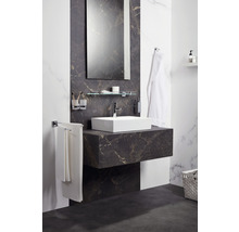 Modernes Badezimmer mit Marmorwaschtisch und quadratischem Aufsatzwaschbecken.