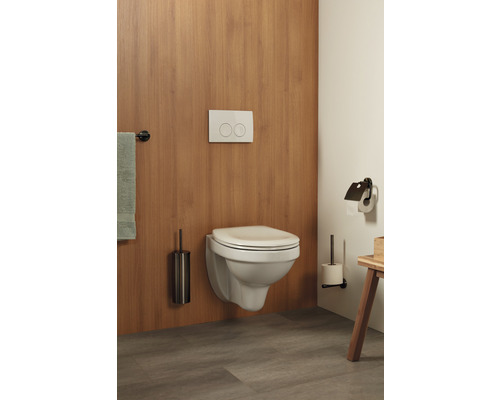Modernes Badezimmer mit wandhängendem WC, Betätigungsplatte, Toilettenbürste und Papierhalter.