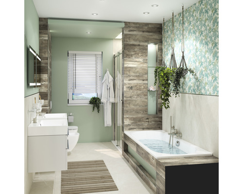 Feinsteinzeug Wand- und Bodenfliese Velden braun 15x90cm Helles Badezimmer mit Badewanne, Waschbecken, Spiegel, Fenster und dekorativen Elementen.
