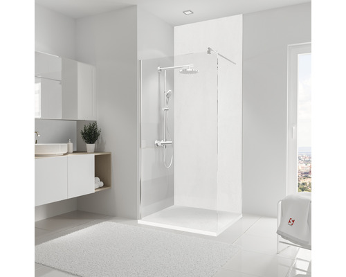 Duschrückwand SCHULTE DecoDesign Putzoptik 255 x 100 cm D1901025 659 Badezimmer mit ebenerdiger Dusche, Waschtisch und Spiegel