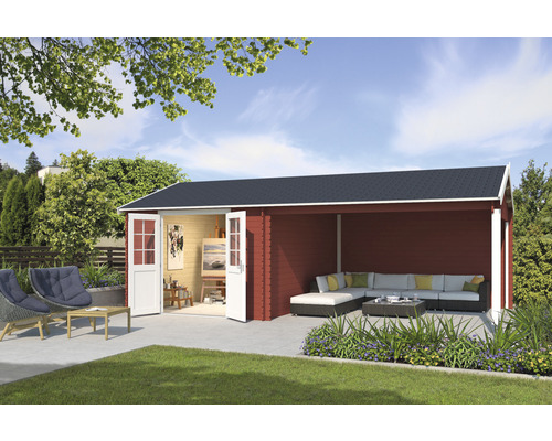 Gartenhaus Outdoor Life El Paso inkl. seitliche Überdachung 680 x 380 cm schwedischrot