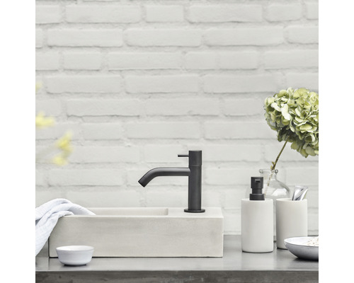 Modernes Badezimmer mit Waschtisch, Armatur und Dekorationsartikeln.