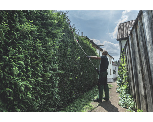 Mann schneidet Hecke mit einer Heckenschere mit Stiel