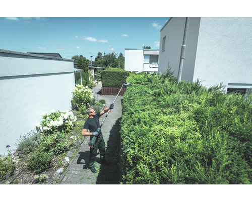 Mann schneidet Hecke mit einer Akku-Heckenschere im Garten