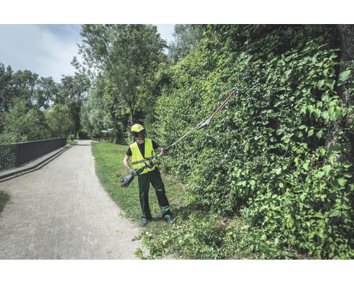Eine Person schneidet mit einer Akku-Heckenschere eine Hecke in einem Park.