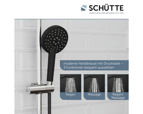 Schütte Handbrause mit drei Funktionen und Drucktaste am Brausestangenset