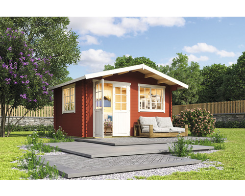 Gartenhaus Outdoor Life Norderney 2 inkl. Fußboden 444,6 x 390 cm schwedischrot Gartenhaus aus Holz mit Terrasse in einem gepflegten Garten