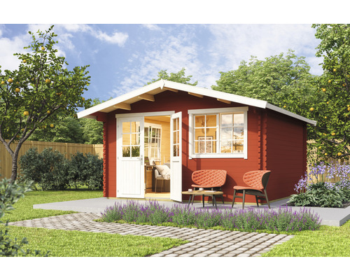Gartenhaus Outdoor Life Norderney 3 inkl. Fußboden 444,6 x 480 cm schwedischrot Holzgartenhaus mit geöffneter Doppeltür, Fenstern und Sitzgruppe im Garten