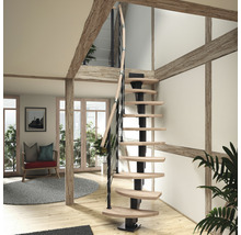 Raumansicht mit Spindeltreppe mit Holzstufen und Geländer