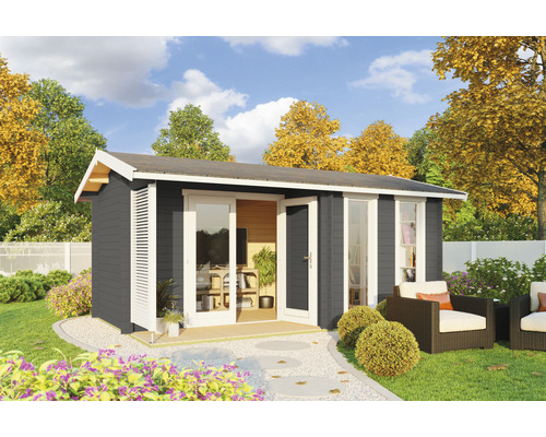 Gartenhaus Outdoor Life Riverside inkl. Fußboden 540 x 357,1 cm carbongrau Graues Gartenhaus aus Holz mit Terrasse im Garten