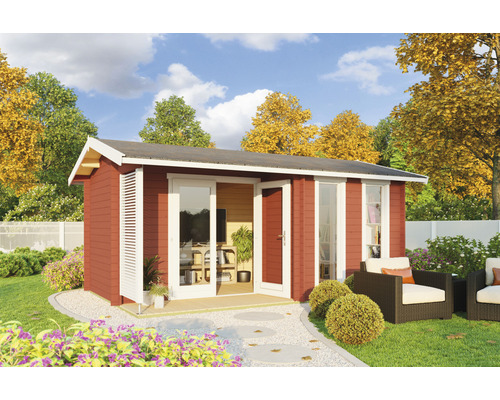 Gartenhaus Outdoor Life Riverside inkl. Fußboden 540 x 357,1 cm schwedischrot Holzgartenhaus mit Doppeltür und Gartenmöbeln im Außenbereich