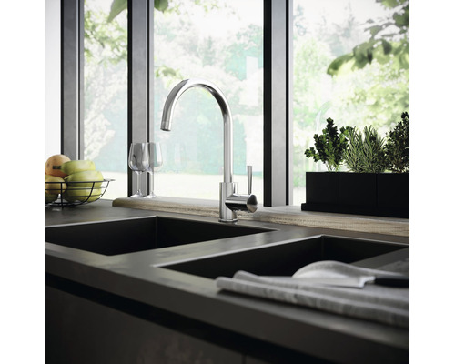 Küchenszene mit Spültischarmatur, Spülbecken, Obst und Kräutern vor einem Fenster