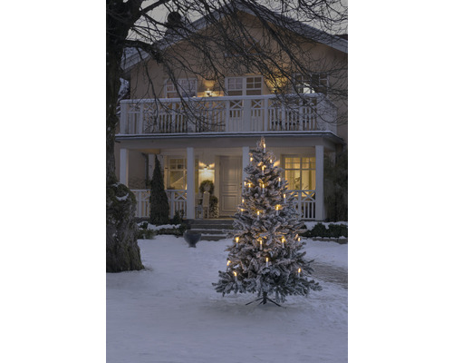 Verschneiter Weihnachtsbaum mit Kerzen vor einem Haus im Winter