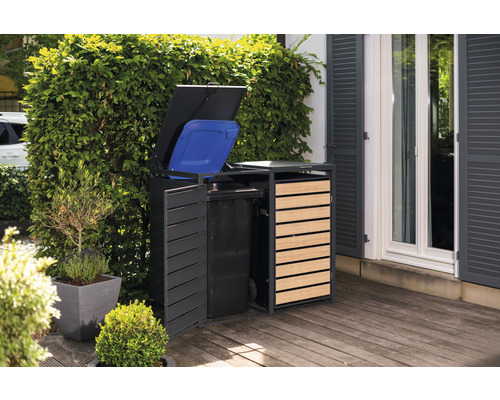 Mülltonnenbox mit zwei Fächern und einer Abdeckung im Garten.