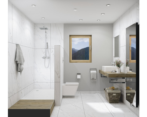 Modernes Badezimmer mit Dusche, Waschtisch und Toilette.