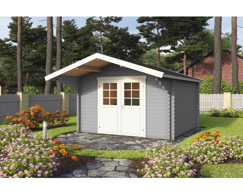 Gartenhaus Outdoor Life Viljandi 34 inkl. Vordach 339,7 x 445 cm lichtgrau Graues Gartenhaus aus Holz mit Doppeltür vor Gartenlandschaft