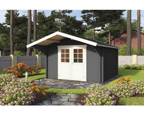 Gartenhaus Outdoor Life Viljandi 34 inkl. Vordach 339,7 x 445 cm carbongrau Gartenhaus aus Holz mit Doppeltür in einem Garten