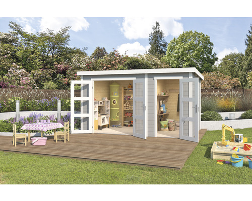 Gartenhaus Outdoor Life Zambezi XL inkl. Geräteraum 400 x 259,7 cm lichtgrau Kinderspielhaus aus Holz mit geöffneten Türen im Garten mit Spielzeug