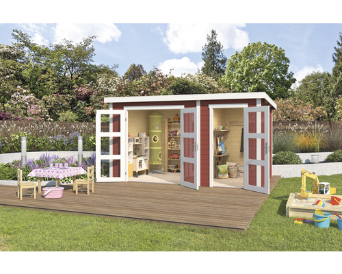 Gartenhaus Outdoor Life Zambezi XL inkl. Geräteraum 400 x 259,7 cm schwedischrot Holzgartenhaus mit Spielzeug auf einer Rasenfläche