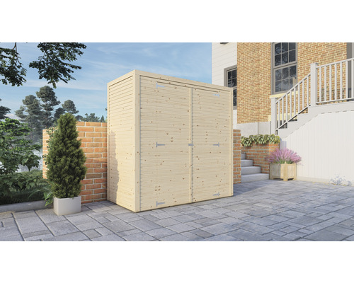 Gartenschrank aus Holz mit Doppeltür vor einem Haus
