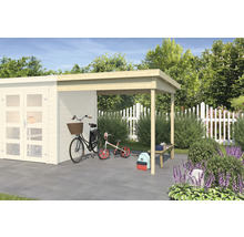 Gartenhaus mit Carport aus Holz, Fahrräder und Gartenmöbel