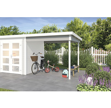 Garten Szene mit Gerätehaus und Fahrrädern unter einem Unterstand