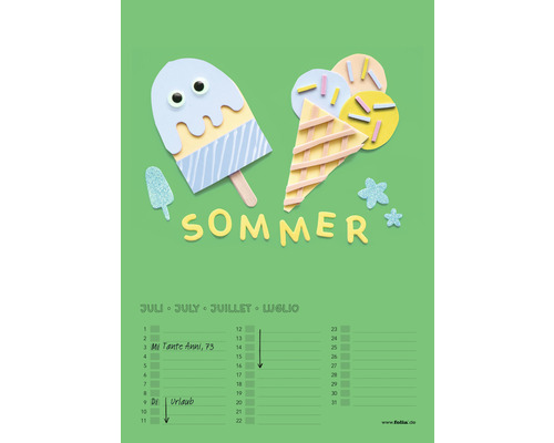 Kalenderblatt Juli mit Eis Motiven und dem Wort Sommer