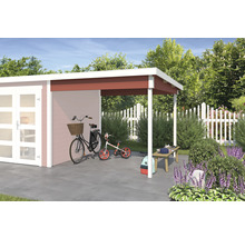 Illustration eines Gartenhauses mit Fahrrädern und Bank unter dem Vordach