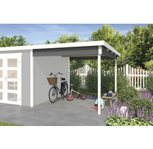 Modernes Gartenhaus mit Fahrradunterstand und Sitzbank im Garten.