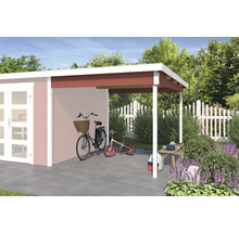 Gartenhaus mit Unterstand für Fahrräder und Gartengeräte vor einem Gartenzaun