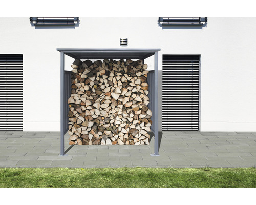 Fahrradunterstand, Kaminholzunterstand WESTMANN 180 x 203 cm anthrazit Holzlagerregal mit gestapeltem Brennholz vor Hauswand