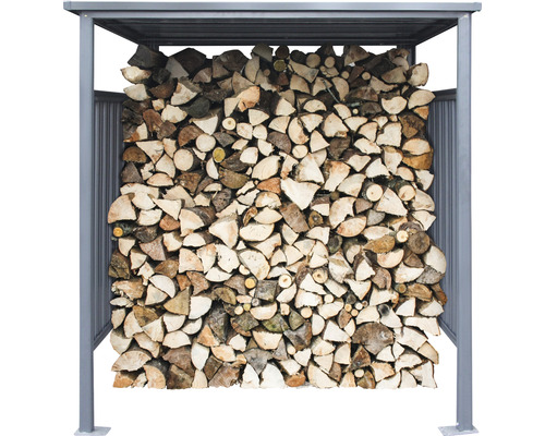 Holzlager aus Metall mit Holzscheiten gefüllt