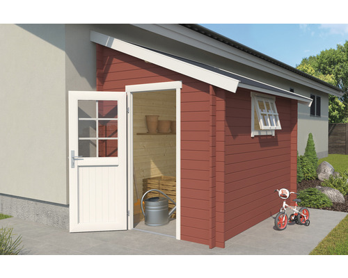 Gartenhaus Outdoor Life Jura inkl. Geräteraum 214,6 x 295 cm schwedischrot Gartenhaus mit geöffneter Tür und Fenster