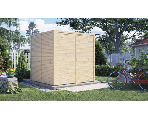 Gartenhaus Bertilo Cubico 3 Fineline Rhombusprofil 207 x 211 cm natur Gartenschrank aus Holz mit Doppeltür im Garten.
