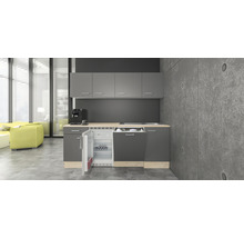 Kompakte Küche mit grauen Schränken, Spüle, Geschirrspüler und offenem Kühlschrank in einem modern gestalteten Raum.