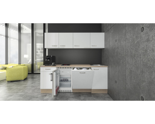 Küchenzeile Flex Well Valero 210 cm Frontfarbe Weiß Hochglanz Korpusfarbe Sonoma Eiche inkl. Einbaugeräte-0