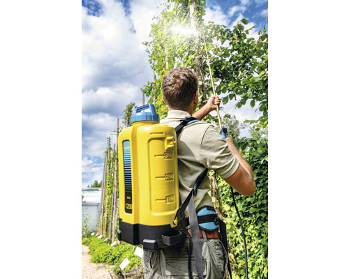 Mann benutzt eine Rückenspritze zur Gartenarbeit