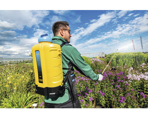 Mann verwendet Rückenspritze zur Gartenpflege.