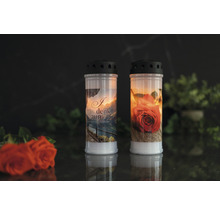 Zwei Grablichter mit Motiven von Rose und Landschaft