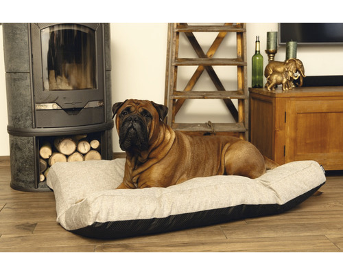 Bullmastiff liegt auf einem Hundebett vor einem Kamin und einer Holzleiter