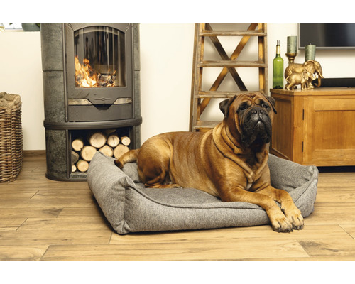 Hund liegt auf einem grauen Hundebett vor einem Kamin mit Holz