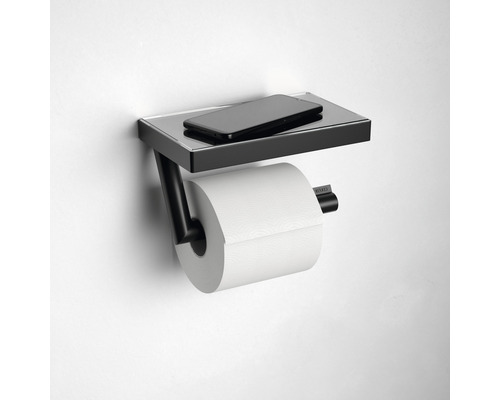 Toilettenpapierhalter mit Ablage und Mobiltelefon