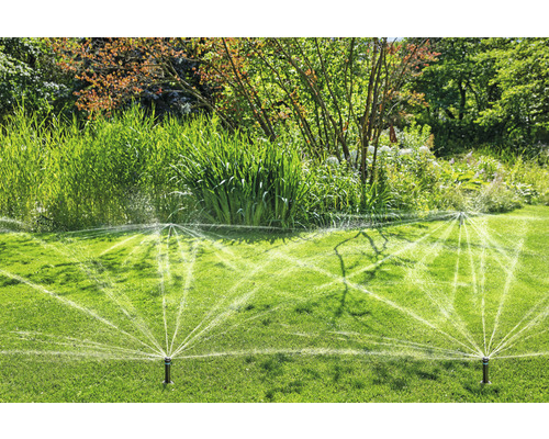 Rasensprenger bewässern einen Rasen in einem Garten.