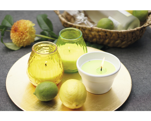 Dekorative Anordnung mit Duftkerzen, Zitrone und Limette auf einem goldenen Teller.