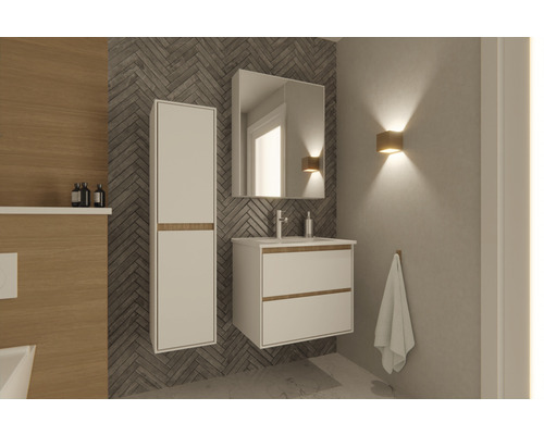 Badezimmer mit Waschbeckenunterschrank, Spiegelschrank und Hochschrank