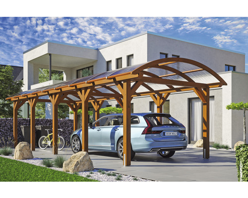 Modernes Holz Carport mit einem blauen Auto darunter, neben einem Fahrrad und Mülltonnen.