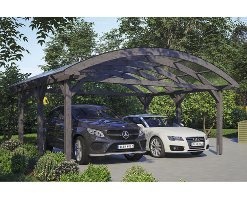 Doppelcarport aus Holz mit zwei Autos